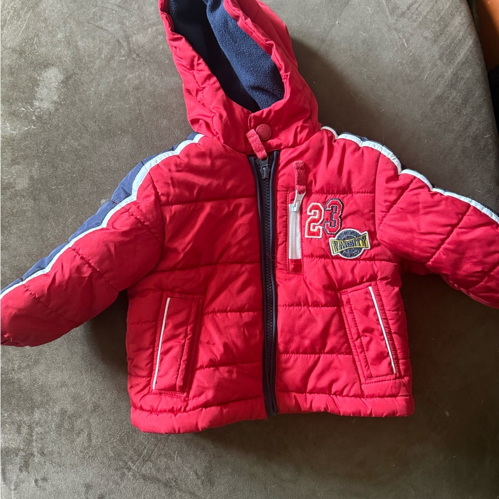 London Fog Toddler Red Hooded Puffer Jacket with Number Patch